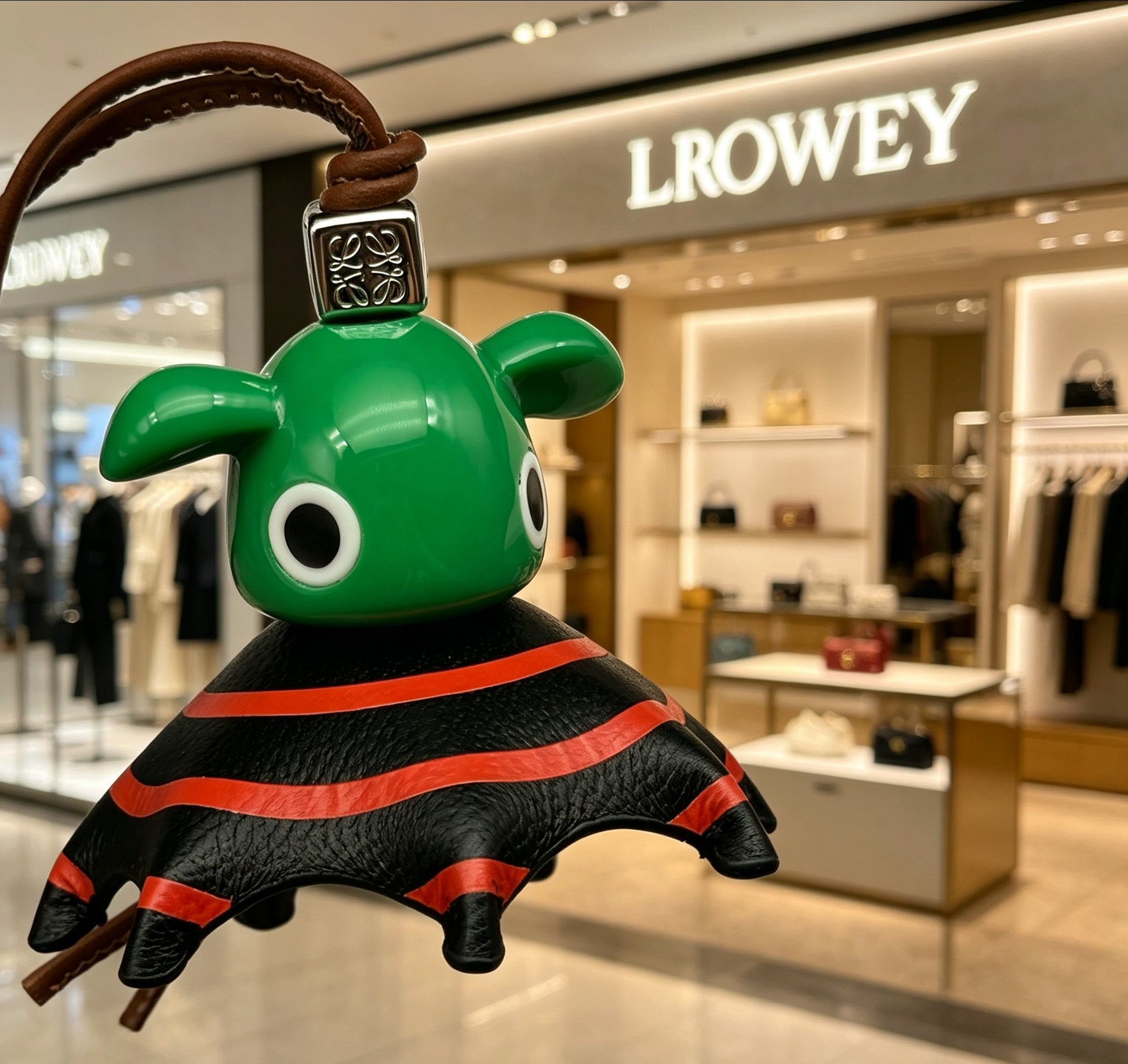 Elephant Motif Bag Charm in Polished Metal-Tone with Leather Detail – Design 01 detail view