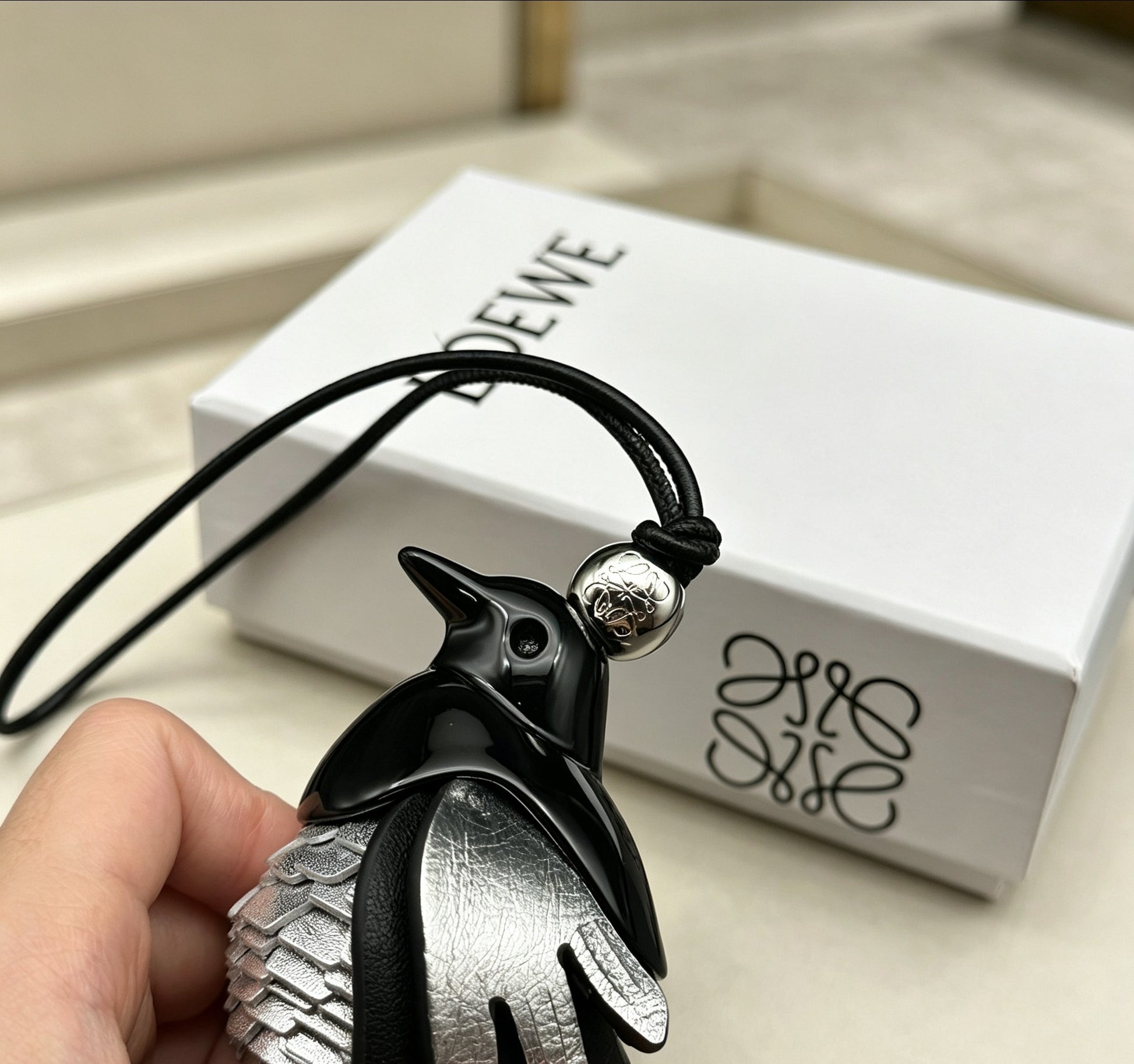 Bird Motif Bag Charm in Silver-Tone with Leather Detail side detail