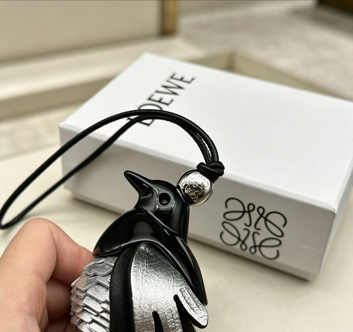 Bird Motif Bag Charm in Silver-Tone with Leather Detail side detail