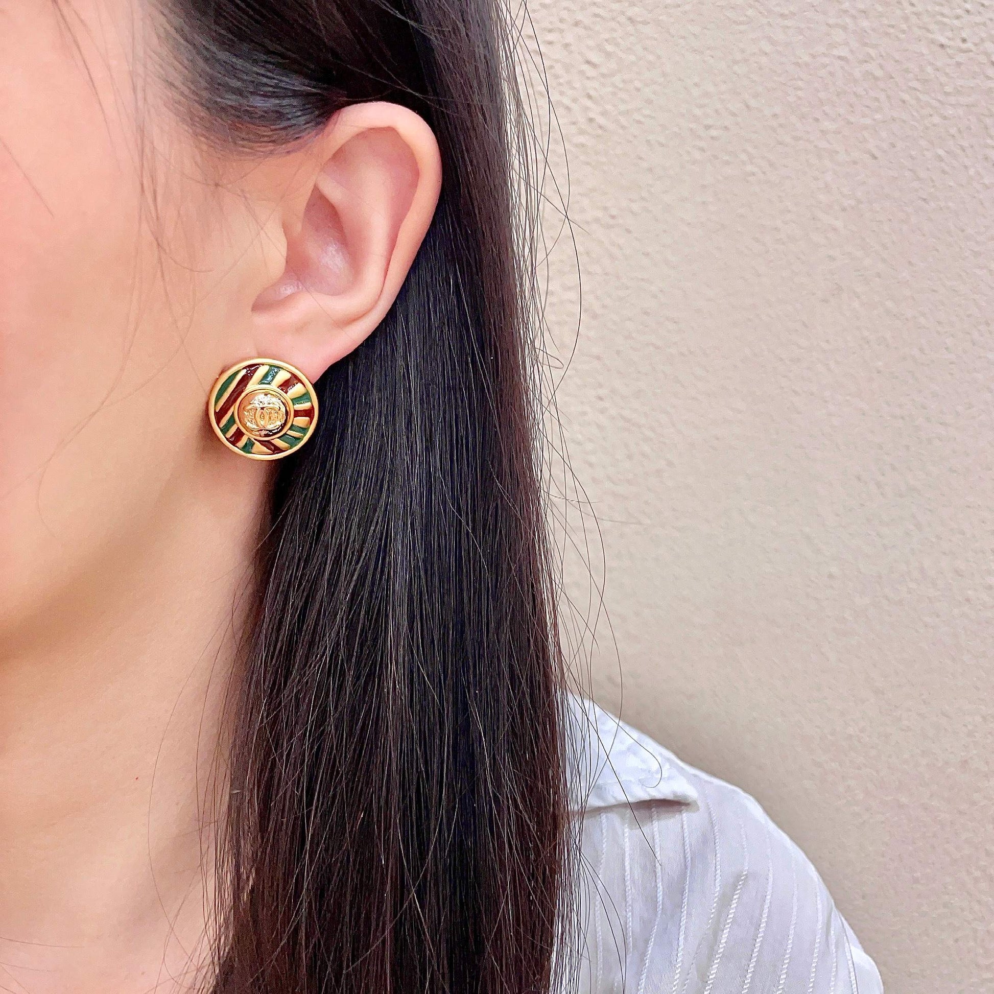 Signature Emblem Stud Earrings in Polished Metal-Tone – Design 105 detail view
