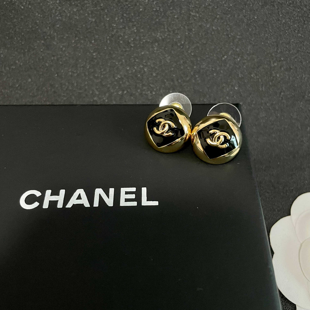 Signature Emblem Stud Earrings in Polished Metal-Tone – Design 095 detail view
