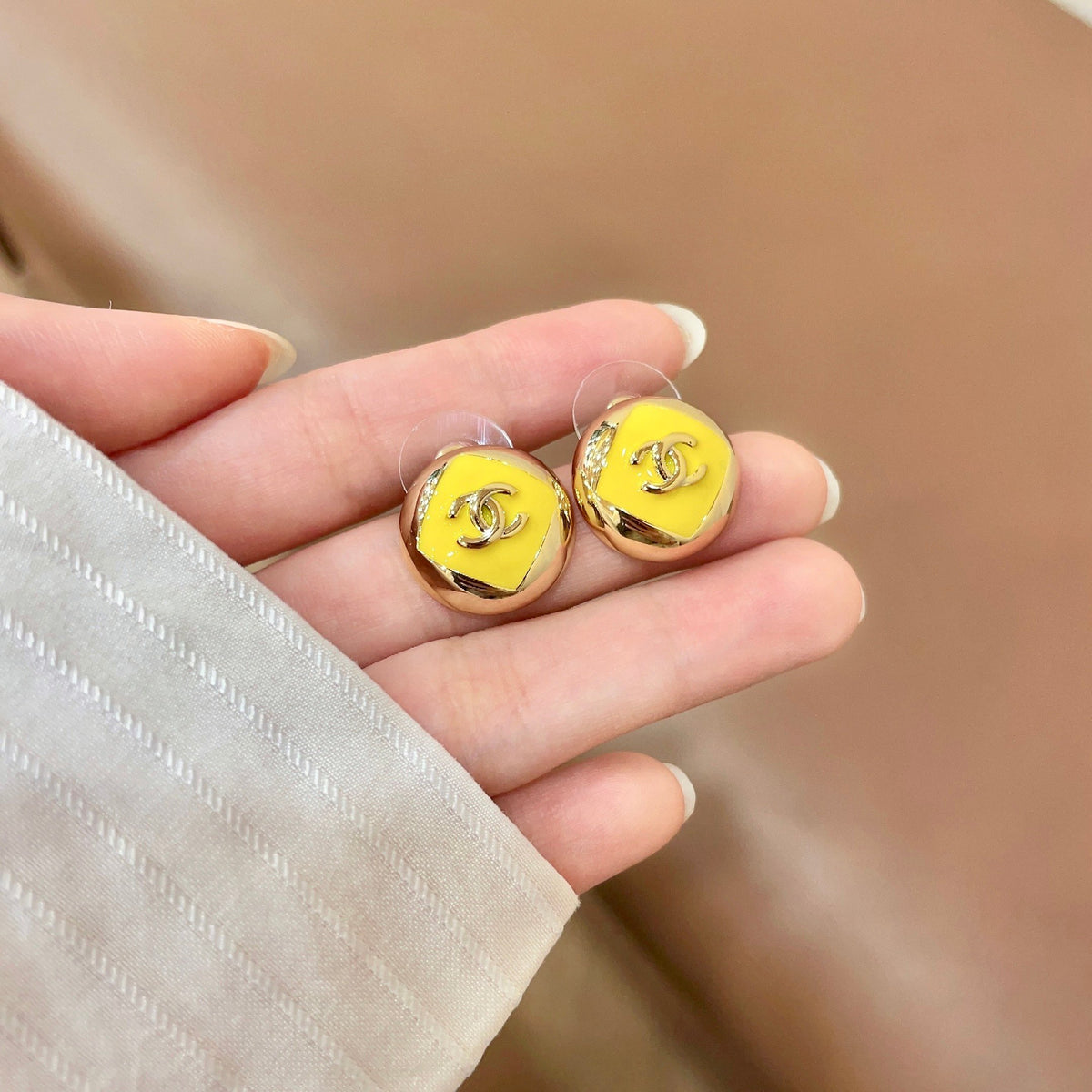 Signature Emblem Stud Earrings in Polished Metal-Tone – Design 094 side detail