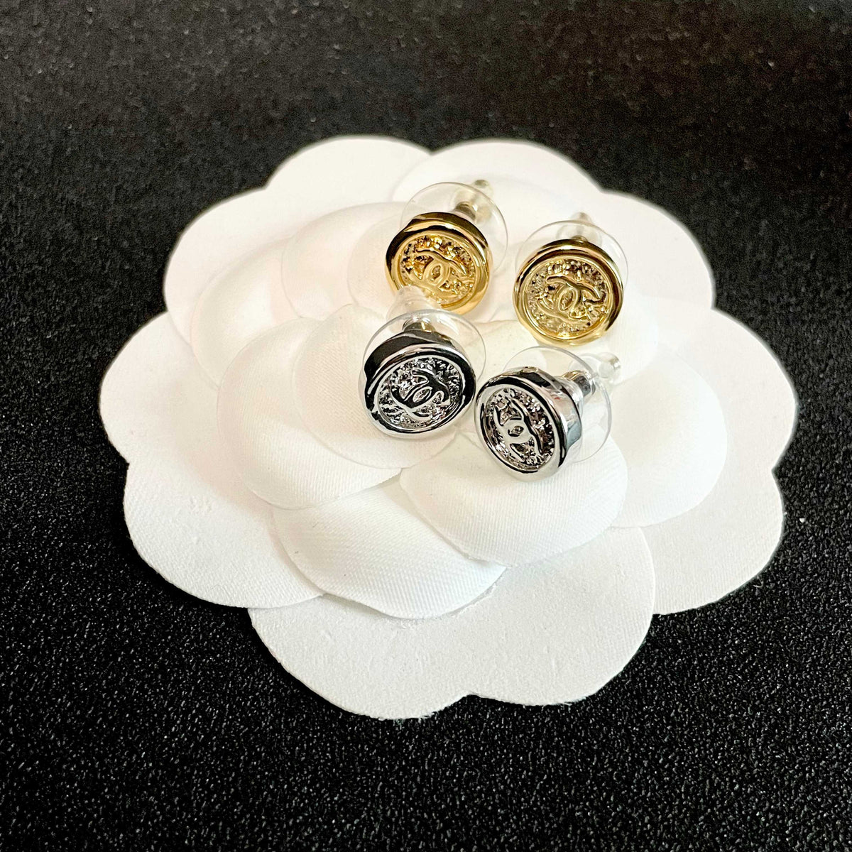 Signature Emblem Stud Earrings in Polished Metal-Tone – Design 093 detail view