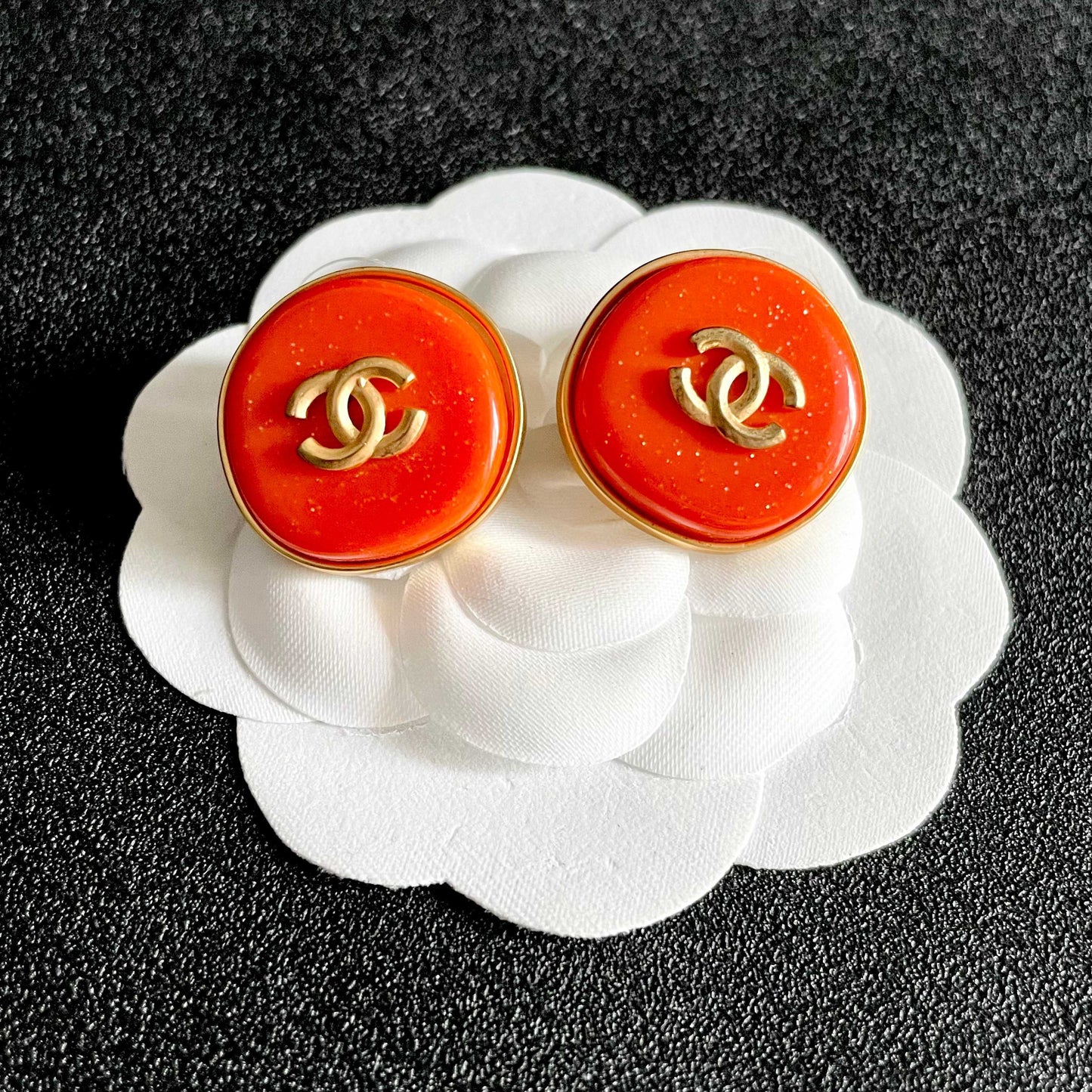Double-C Emblem Stud Earrings in Polished Metal-Tone – Design 389 front product view