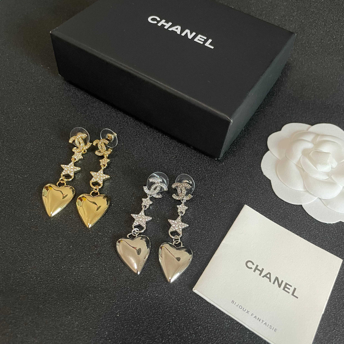 Double-C Emblem Statement Earrings in Polished Metal-Tone – Heart Detail – Design 006 side detail