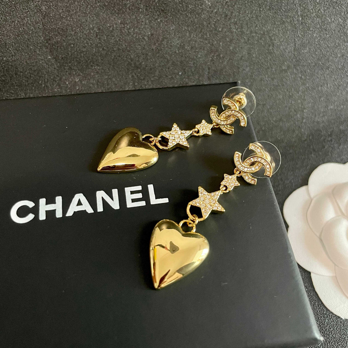 Double-C Emblem Statement Earrings in Polished Metal-Tone – Heart Detail – Design 003 detail view