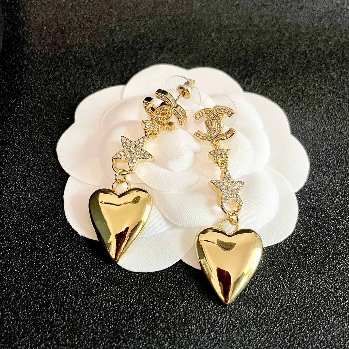 Double-C Emblem Statement Earrings in Polished Metal-Tone – Heart Detail – Design 003 front product view