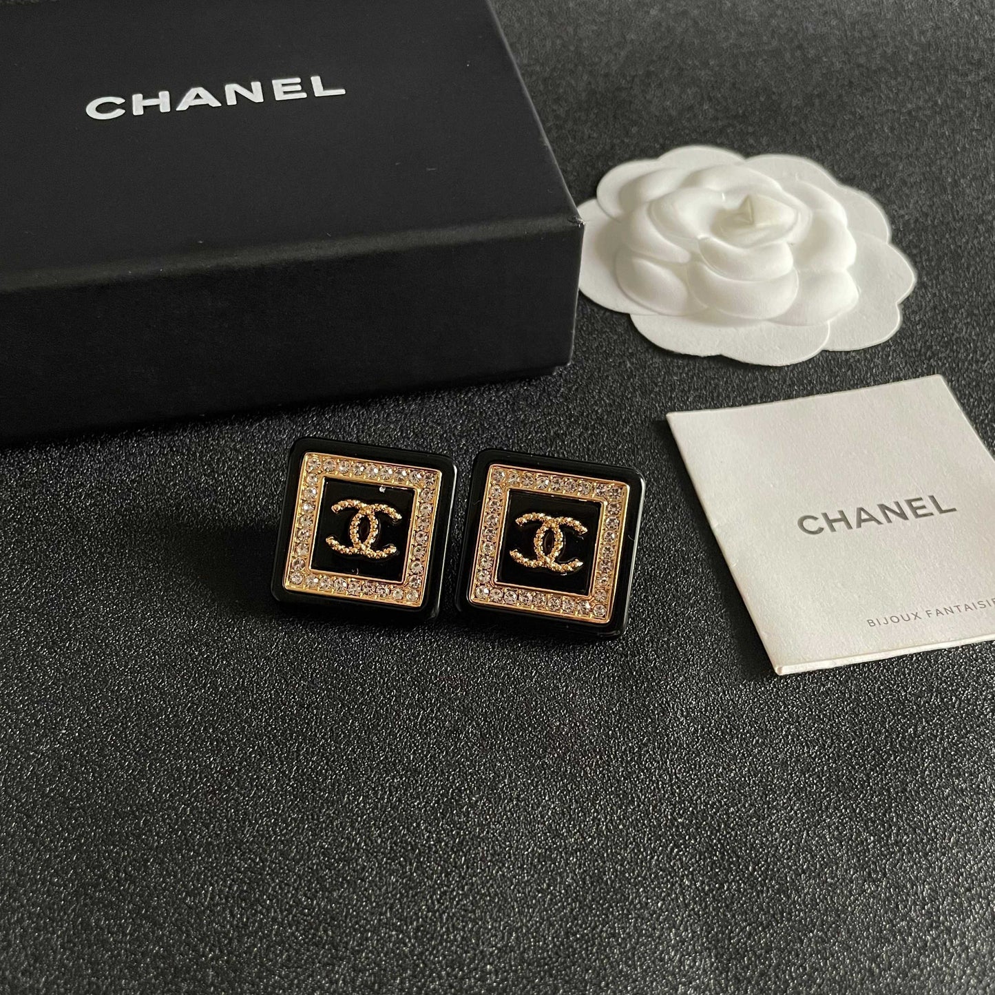 Double-C Emblem Stud Earrings in Polished Metal-Tone – Design 388 styled product view