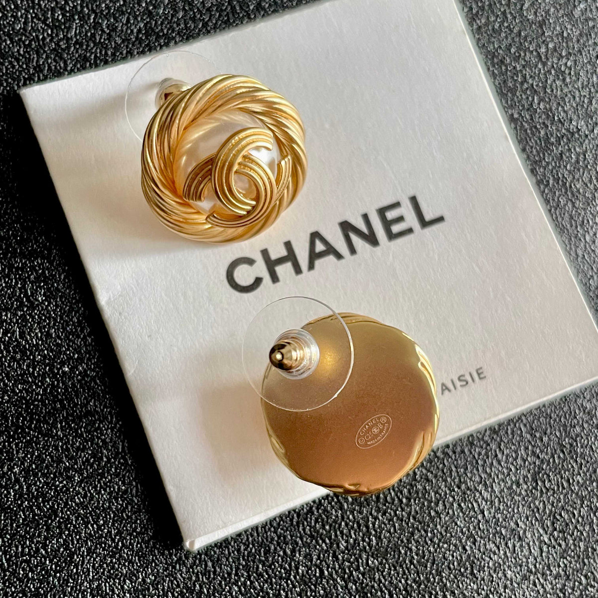 Double-C Emblem Stud Earrings in Polished Metal-Tone – Design 302 main product view