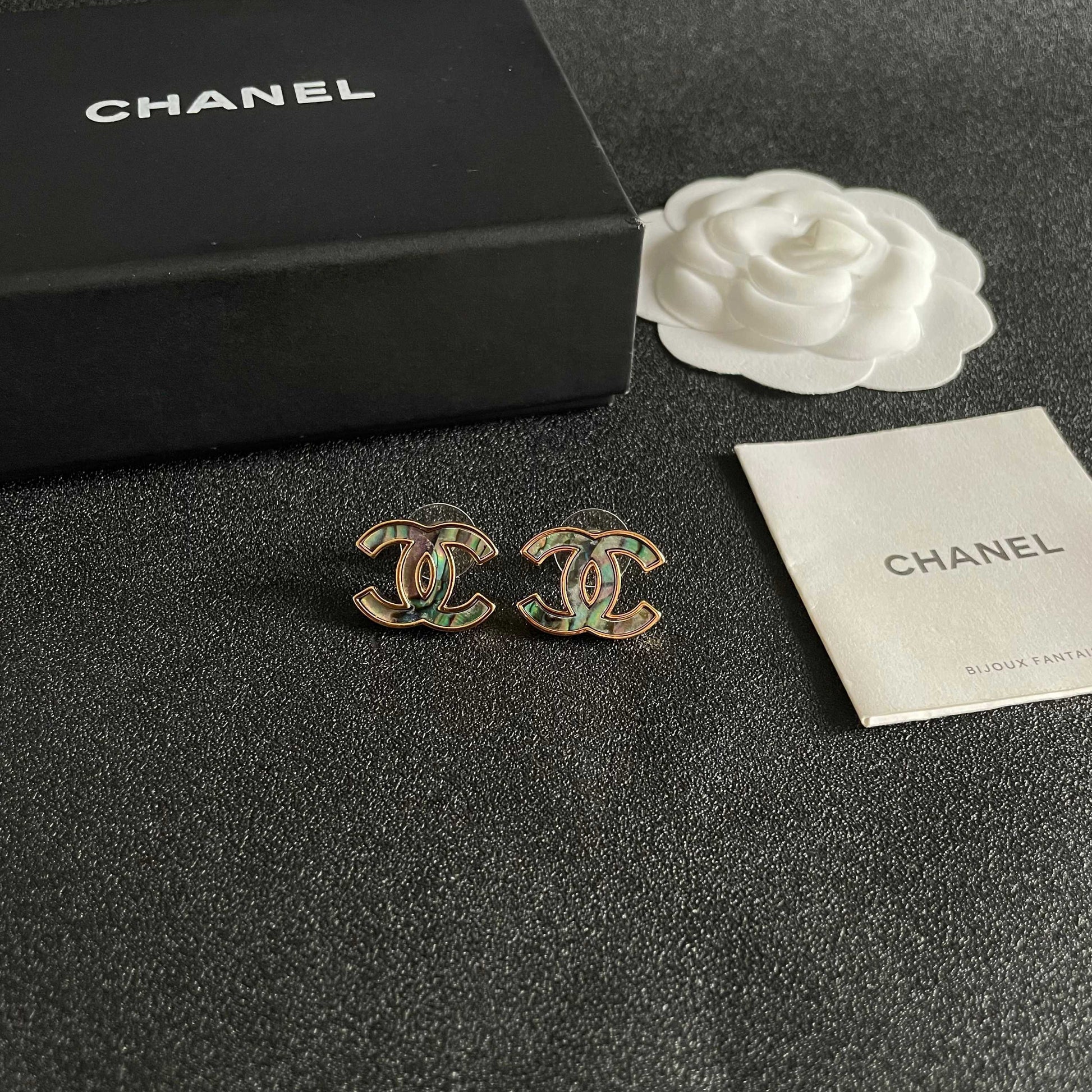 Double-C Emblem Stud Earrings in Polished Metal-Tone – Design 301 styled product view
