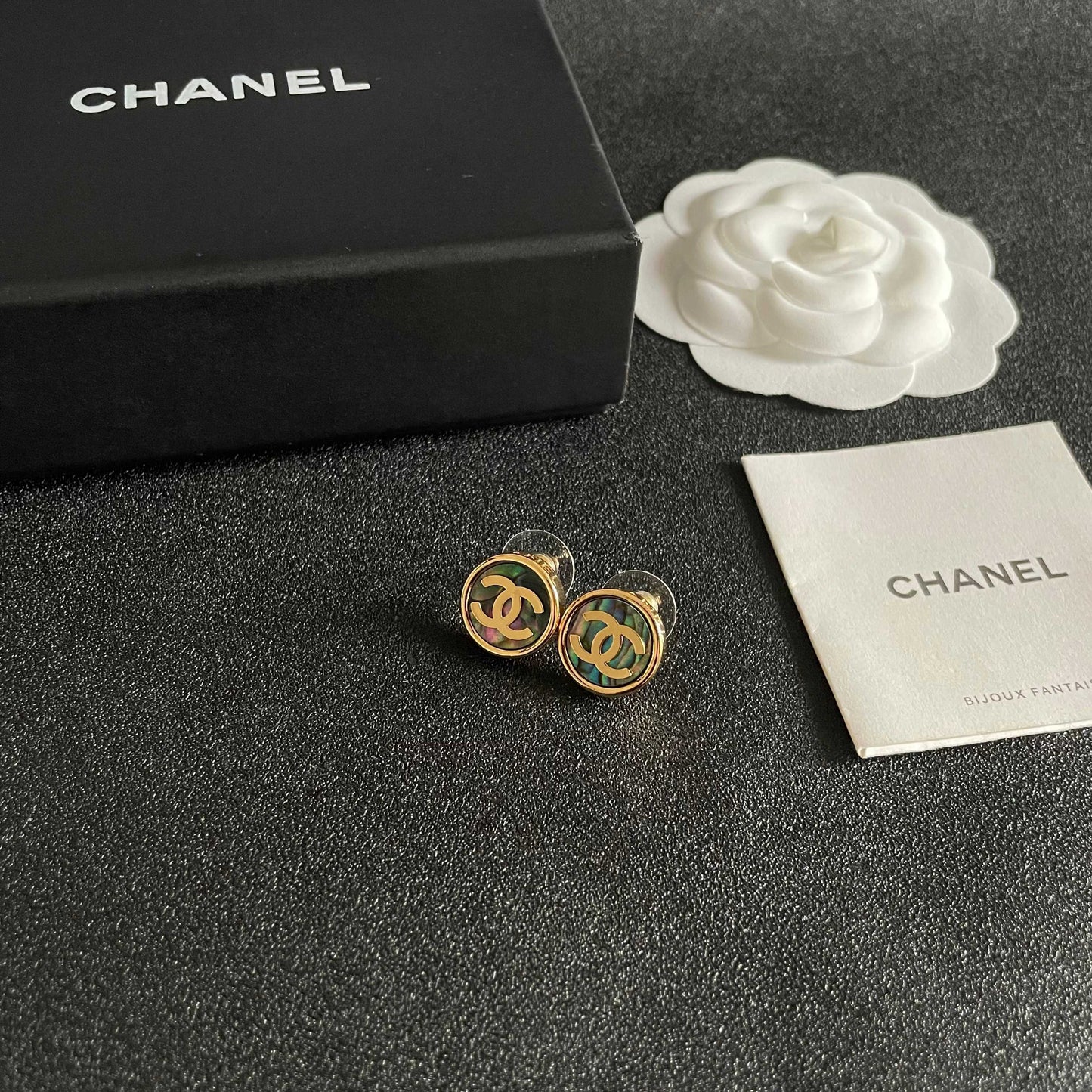 Double-C Emblem Stud Earrings in Polished Metal-Tone – Design 384 styled product view