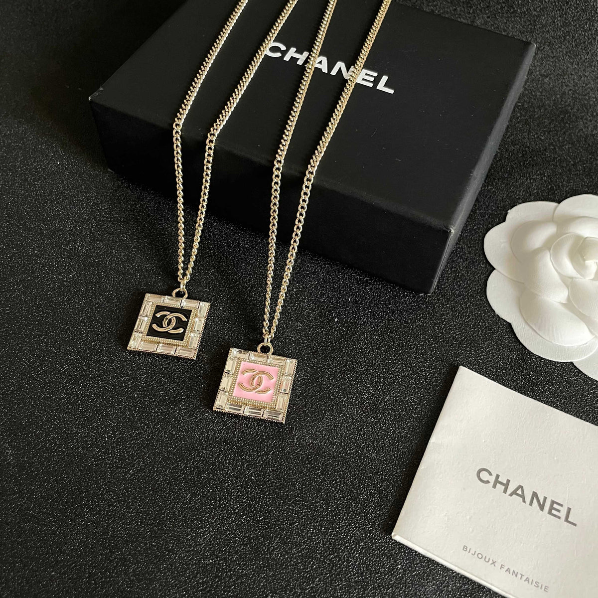 Double-C Emblem Pendant Necklace in Polished Metal-Tone – Design 008 close-up detail