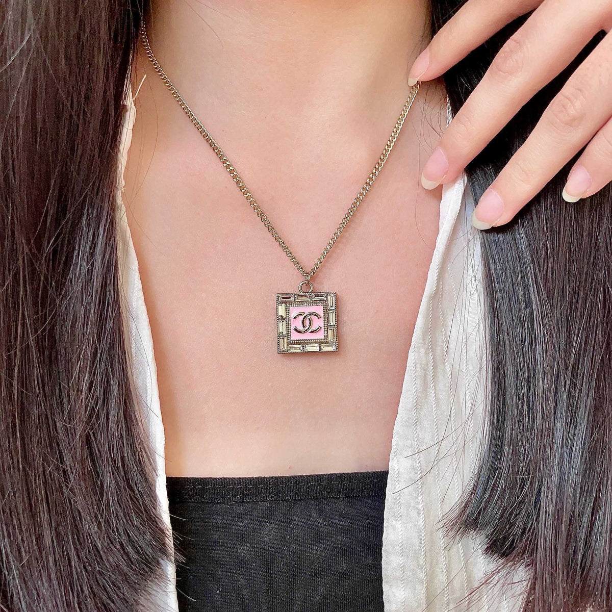 Double-C Emblem Pendant Necklace in Polished Metal-Tone – Design 008 main product view