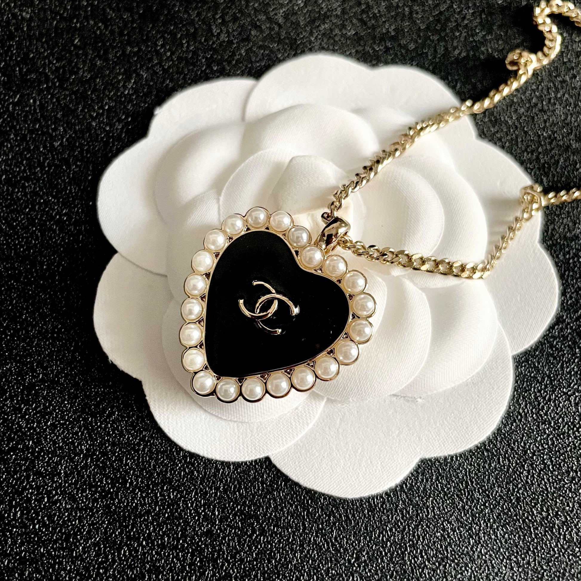 Double-C Emblem Pearl-Detail Pendant Necklace – Pearl Detail – Design 024 front product view