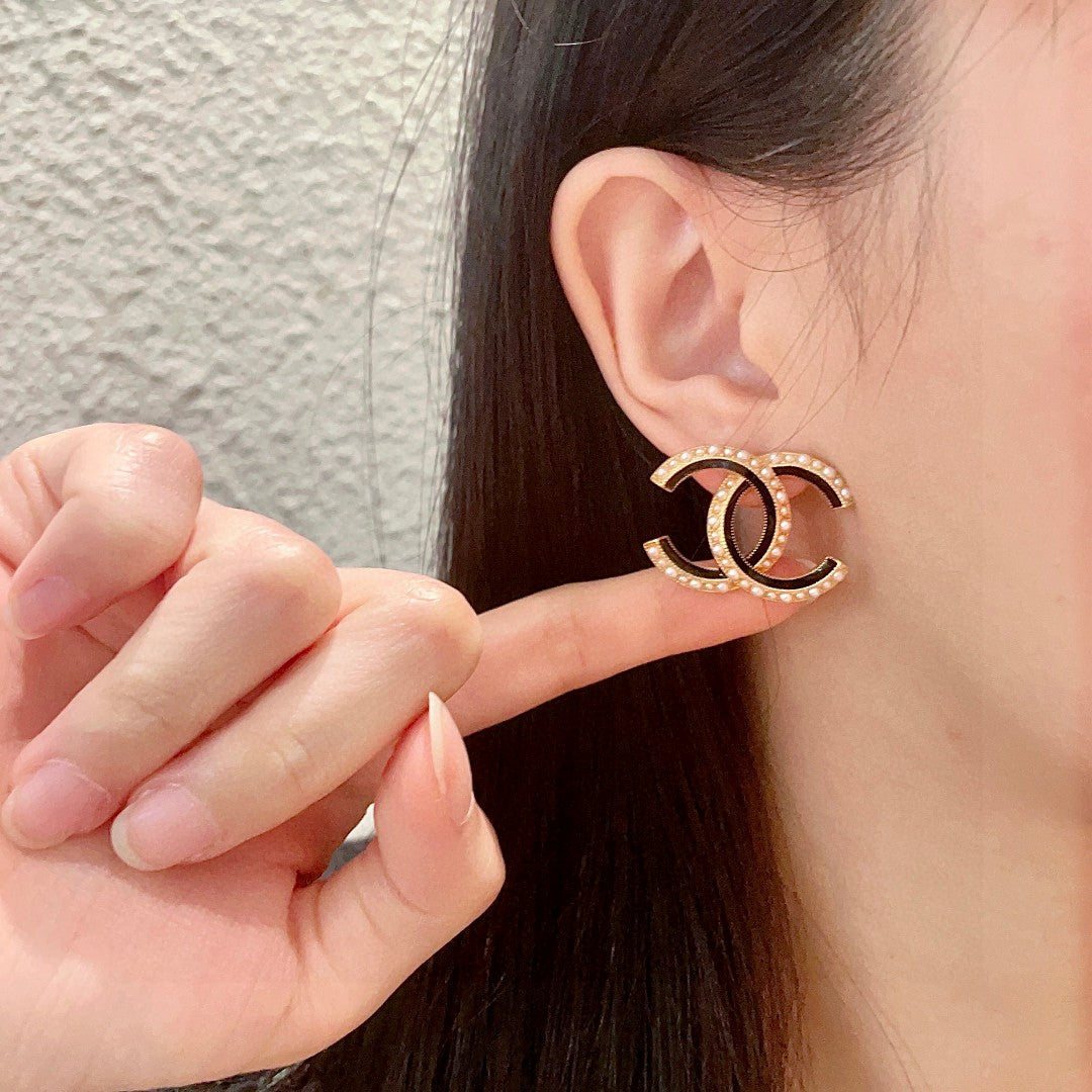Double-C Emblem Pearl-Detail Stud Earrings – Pearl Detail – Design 003 front product view