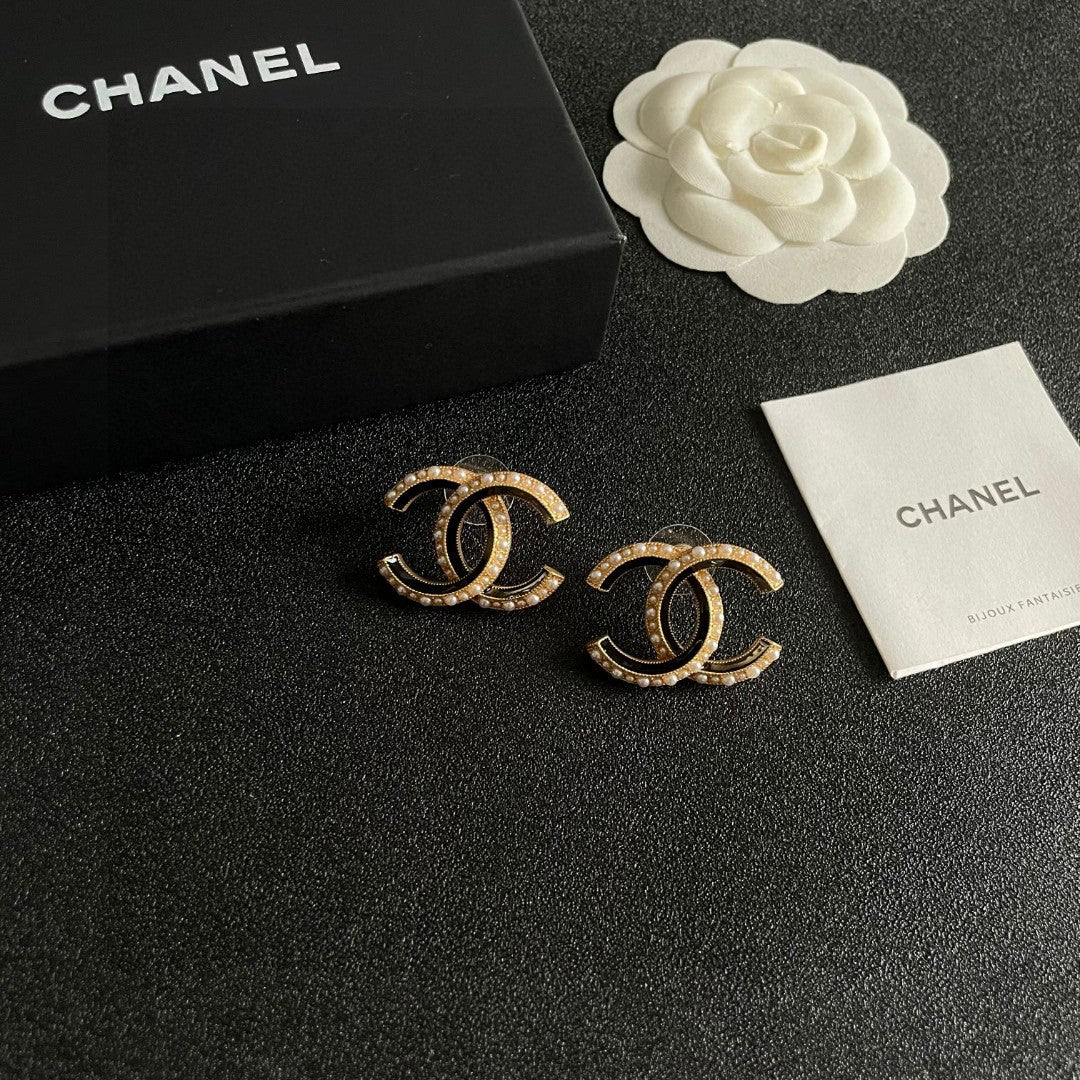 Double-C Emblem Pearl-Detail Stud Earrings – Pearl Detail – Design 003 styled product view