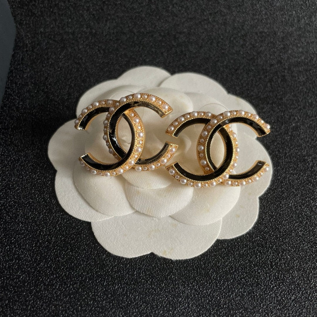 Double-C Emblem Pearl-Detail Stud Earrings – Pearl Detail – Design 003 front product view