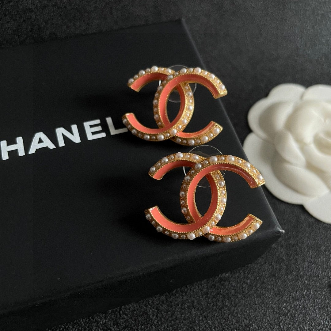 Double-C Emblem Pearl-Detail Stud Earrings – Pearl Detail – Design 028 detail view