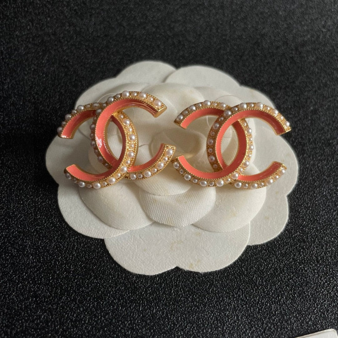 Double-C Emblem Pearl-Detail Stud Earrings – Pearl Detail – Design 002 front product view