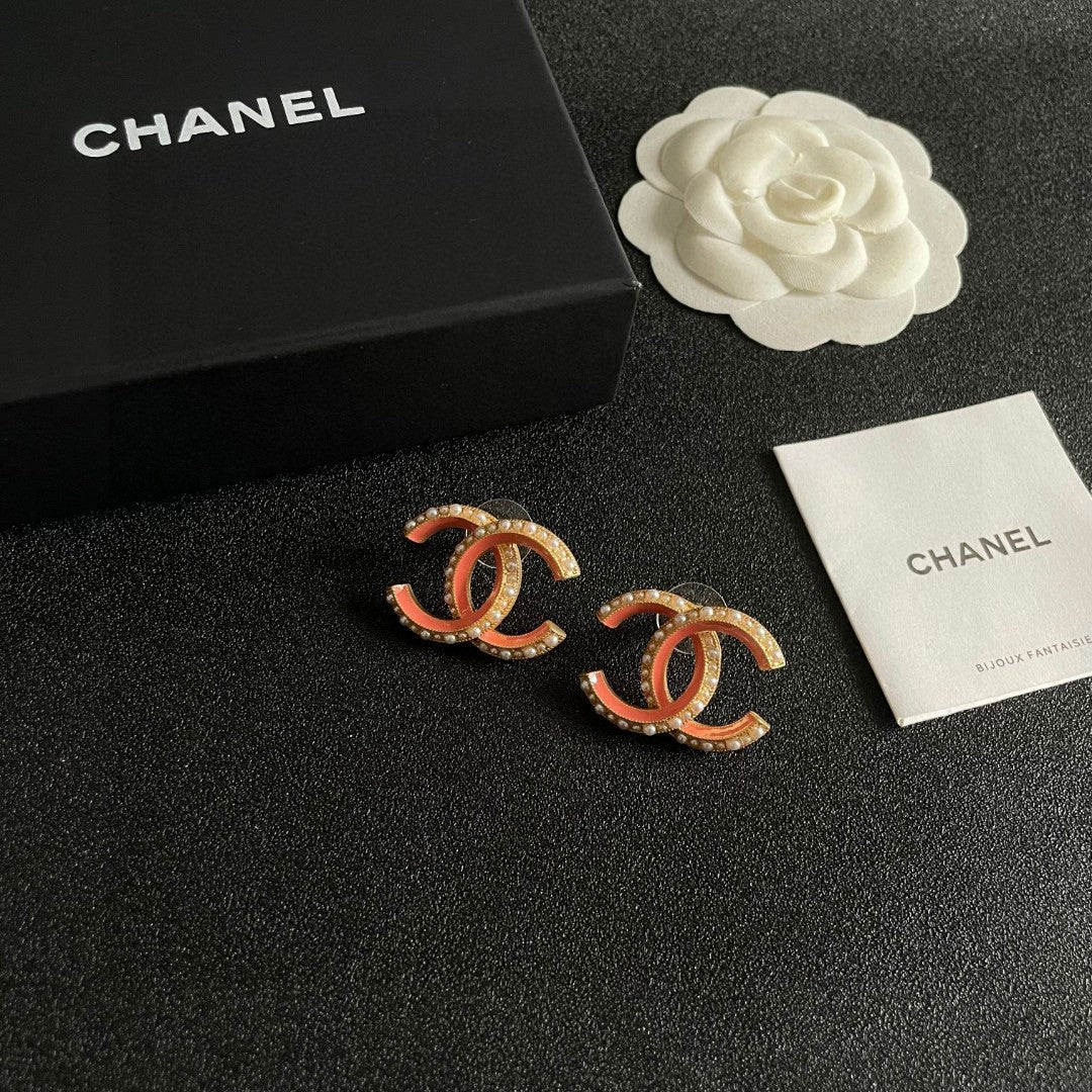 Double-C Emblem Pearl-Detail Stud Earrings – Pearl Detail – Design 028 styled product view