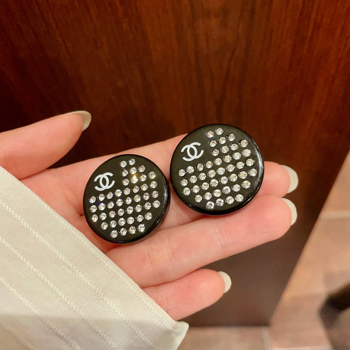 Double-C Emblem Crystal-Accent Stud Earrings – Design 009 side detail