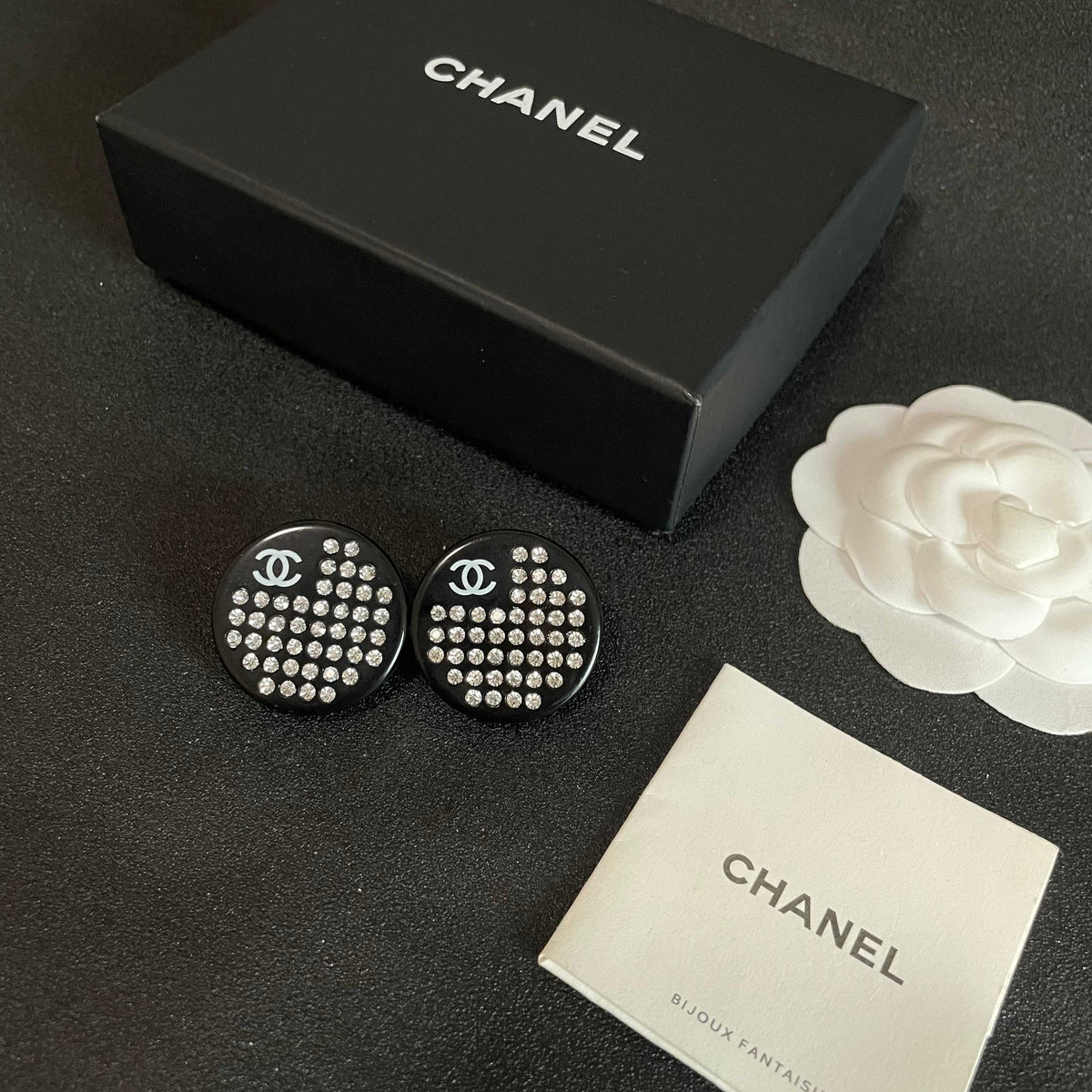 Double-C Emblem Crystal-Accent Stud Earrings – Design 009 close-up detail