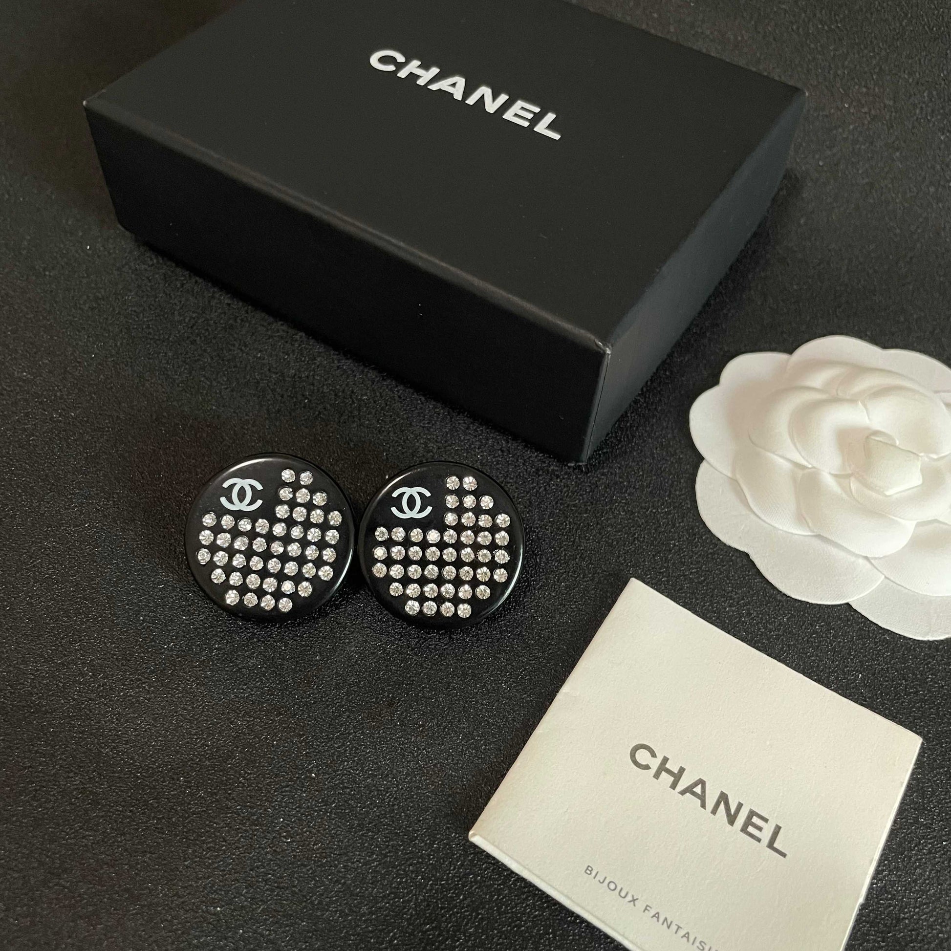 Double-C Emblem Crystal-Accent Stud Earrings – Design 009 close-up detail