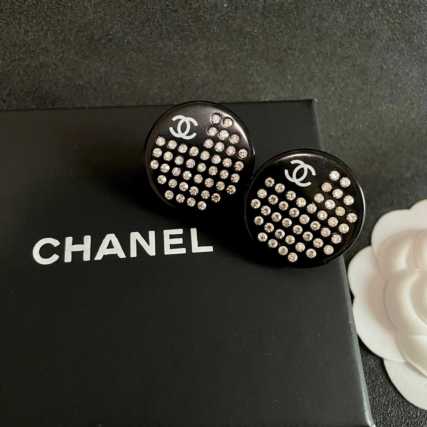 Double-C Emblem Crystal-Accent Stud Earrings – Design 061 detail view