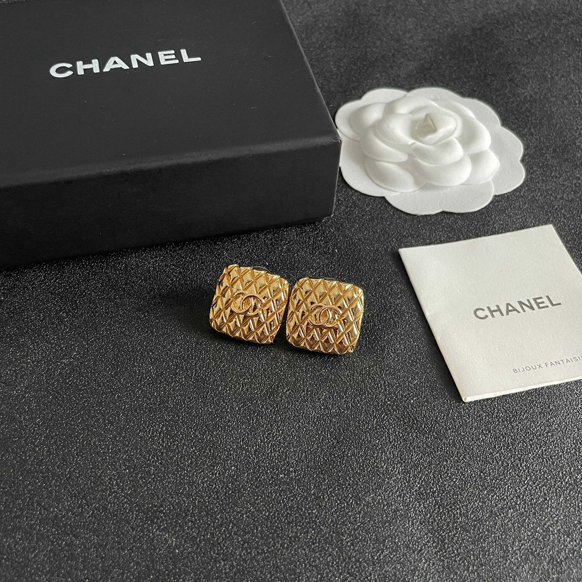 Double-C Emblem Stud Earrings in Polished Metal-Tone – Design 078 styled product view