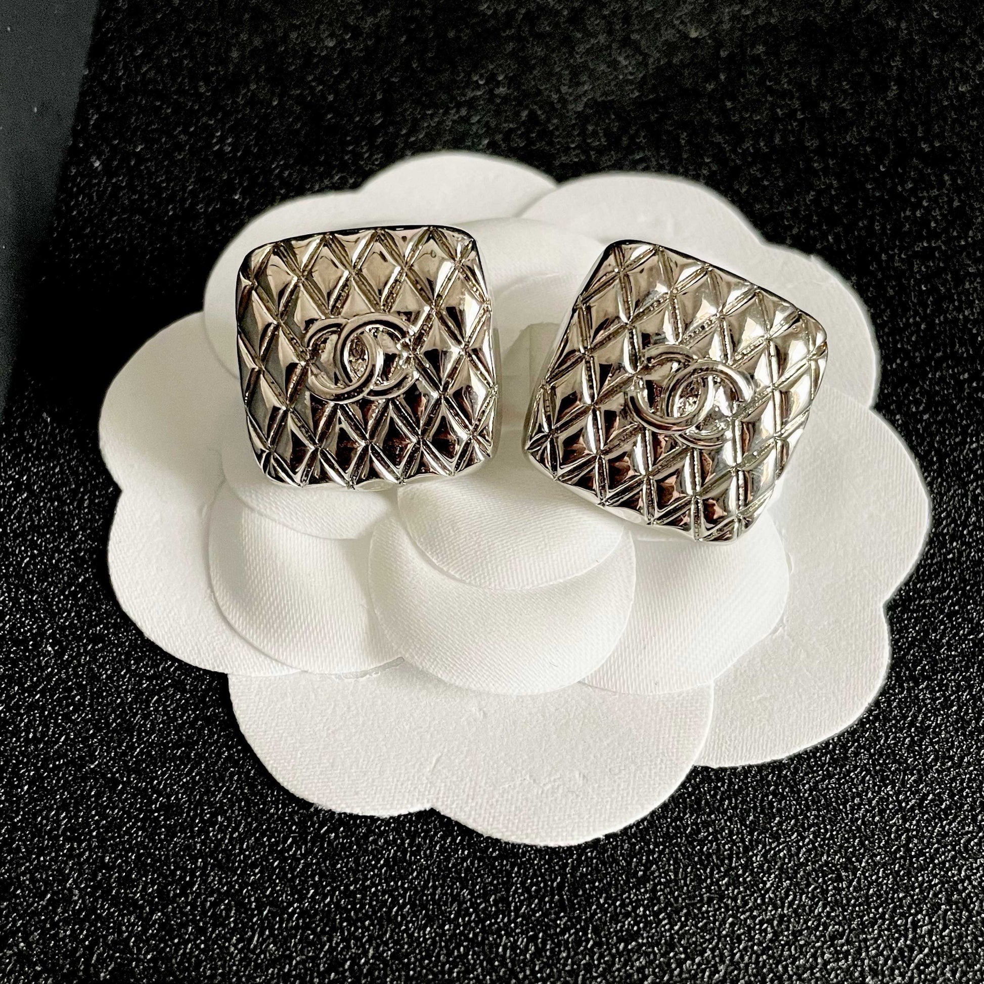 Double-C Emblem Stud Earrings in Polished Metal-Tone – Design 397 front product view