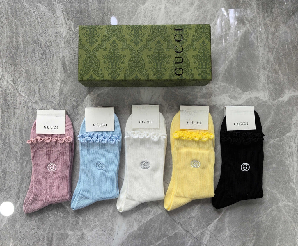 Gucci Cotton Visible Colour, Cuff And Emblem Details Crew Socks - 5-Pair Set