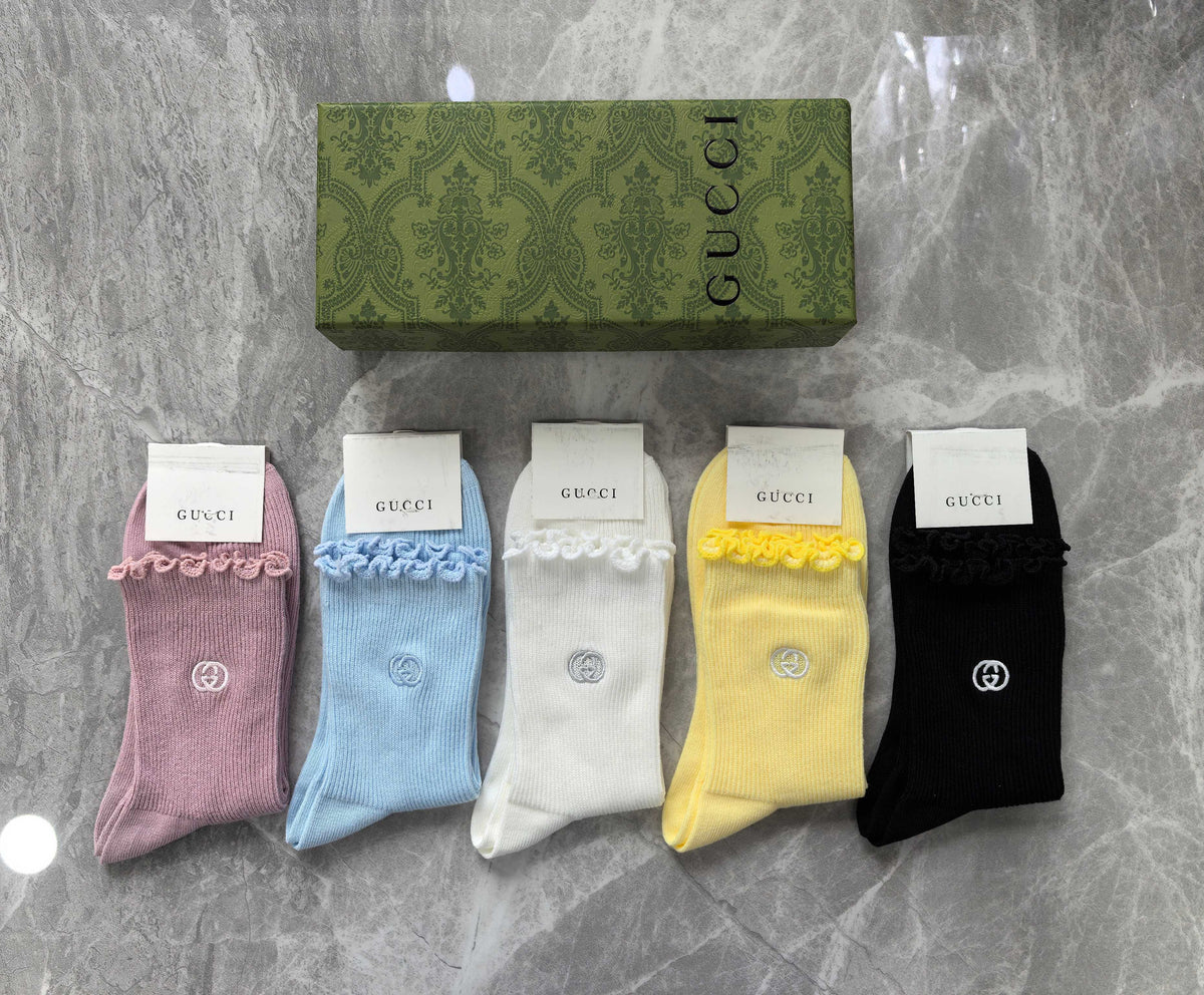 Gucci Cotton Visible Colour, Cuff And Emblem Details Crew Socks - 5-Pair Set