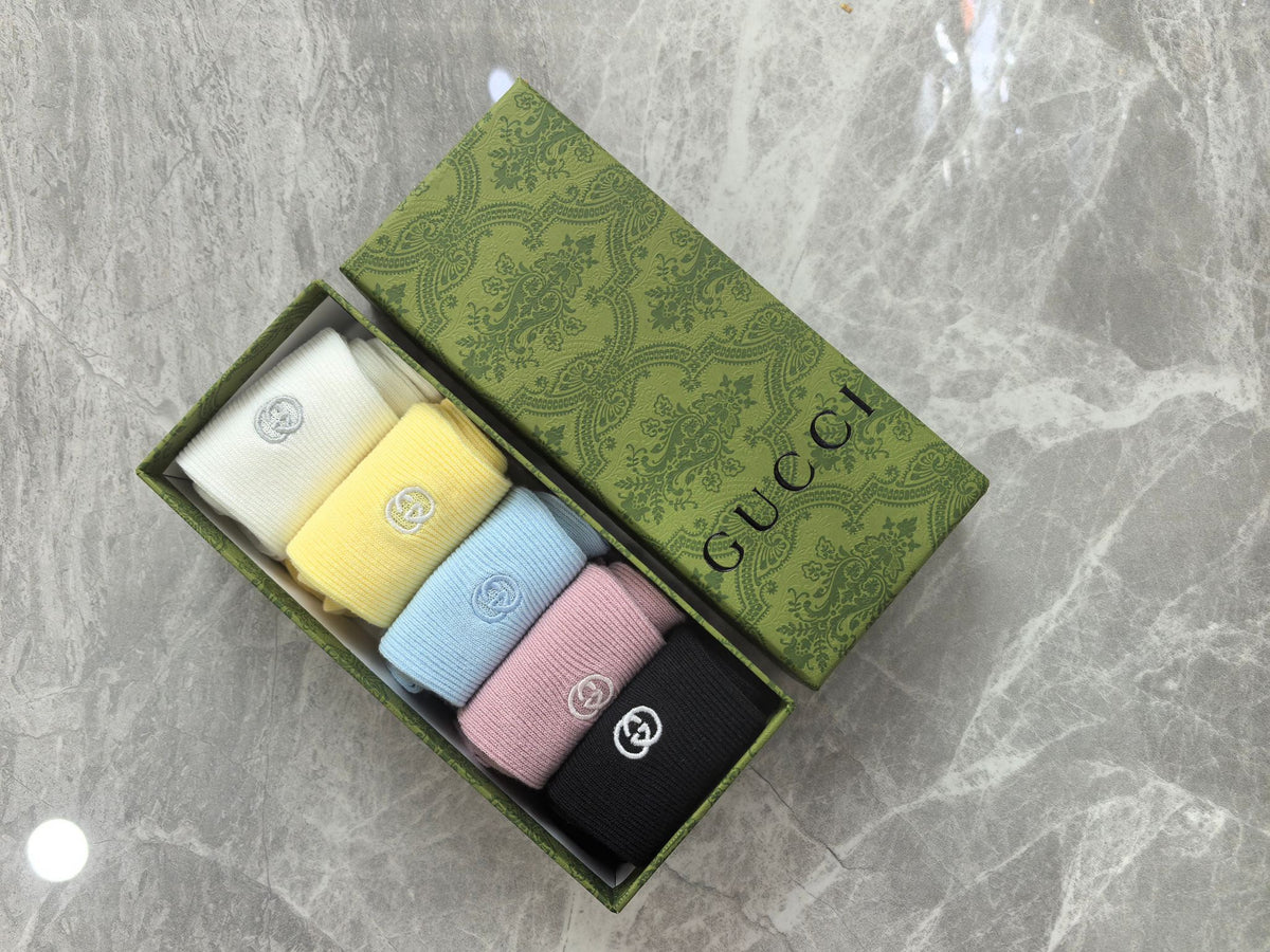 Gucci Cotton Visible Colour, Cuff And Emblem Details Crew Socks - 5-Pair Set