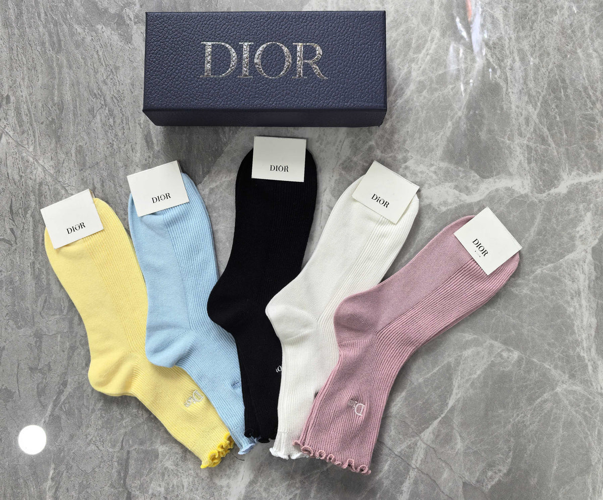 Dior Cotton Visible Colour, Cuff And Emblem Details Crew Socks - 5-Pair Set