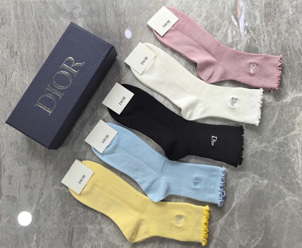 Dior Cotton Visible Colour, Cuff And Emblem Details Crew Socks - 5-Pair Set