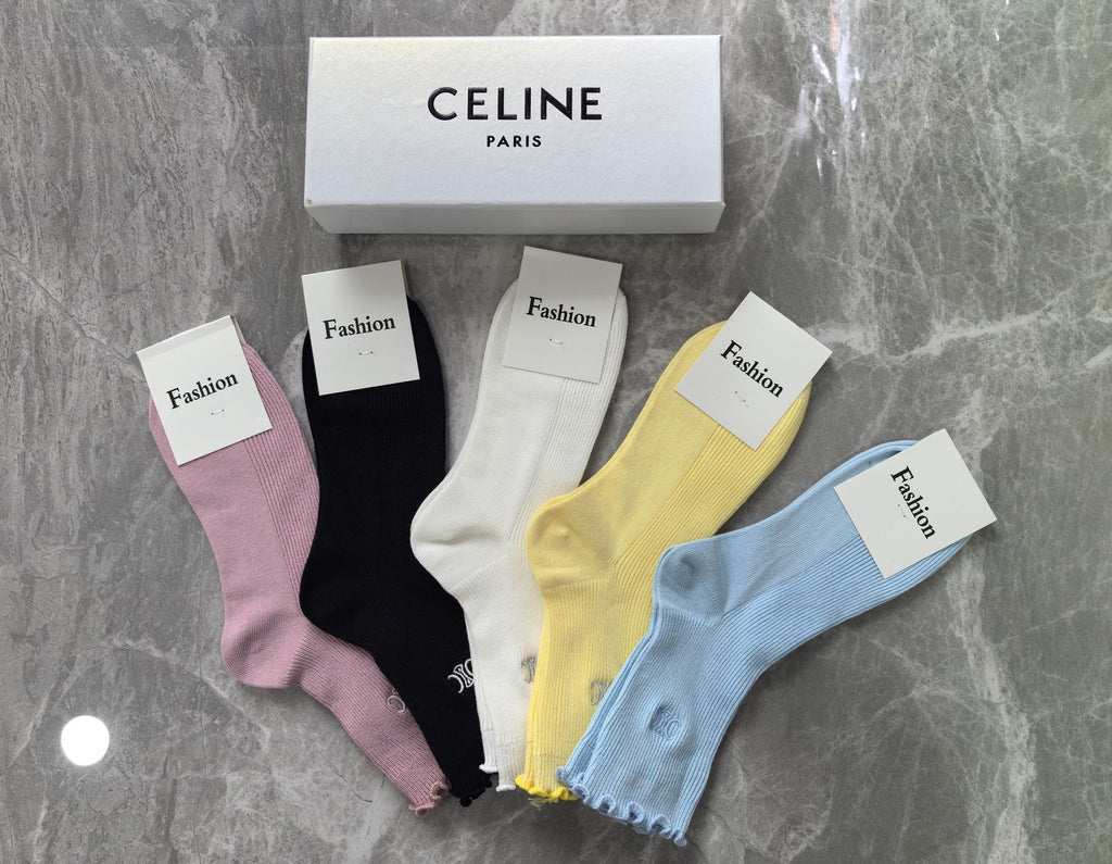 Celine Cotton Visible Colour, Cuff And Emblem Details Crew Socks - 5-Pair Set