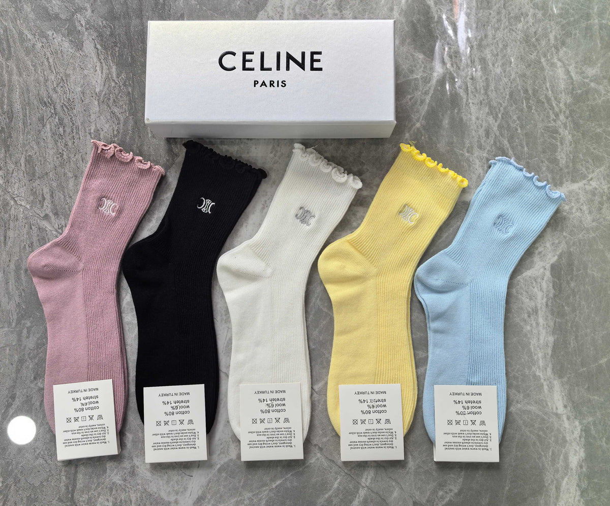 Celine Cotton Visible Colour, Cuff And Emblem Details Crew Socks - 5-Pair Set