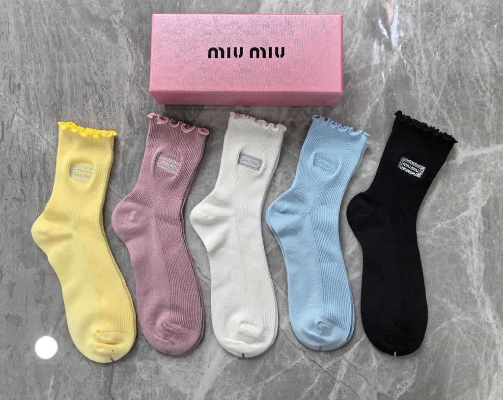 Miu Miu Cotton Visible Colour, Cuff And Emblem Details Crew Socks - 5-Pair Set