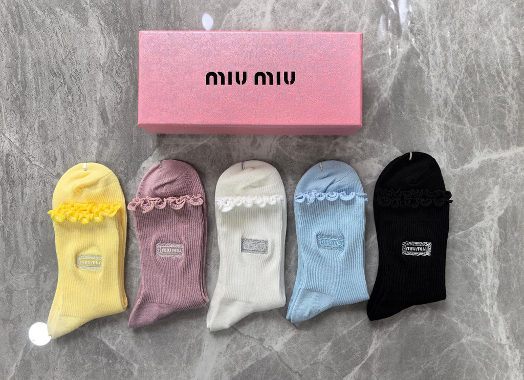 Miu Miu Cotton Visible Colour, Cuff And Emblem Details Crew Socks - 5-Pair Set
