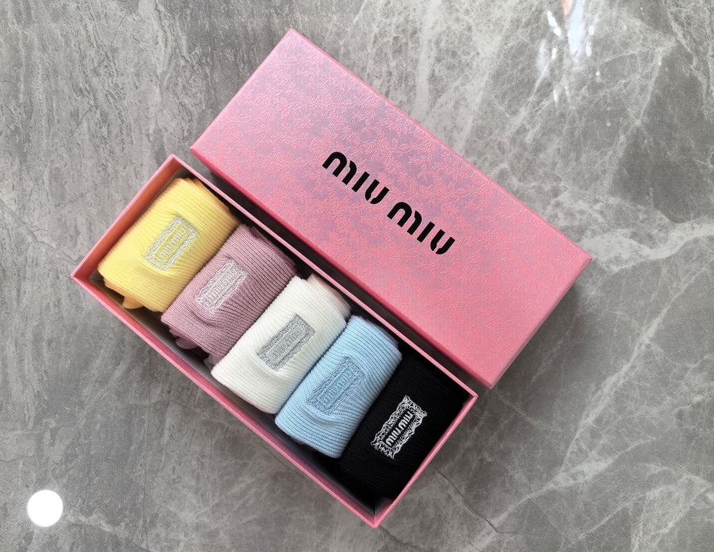 Miu Miu Cotton Visible Colour, Cuff And Emblem Details Crew Socks - 5-Pair Set