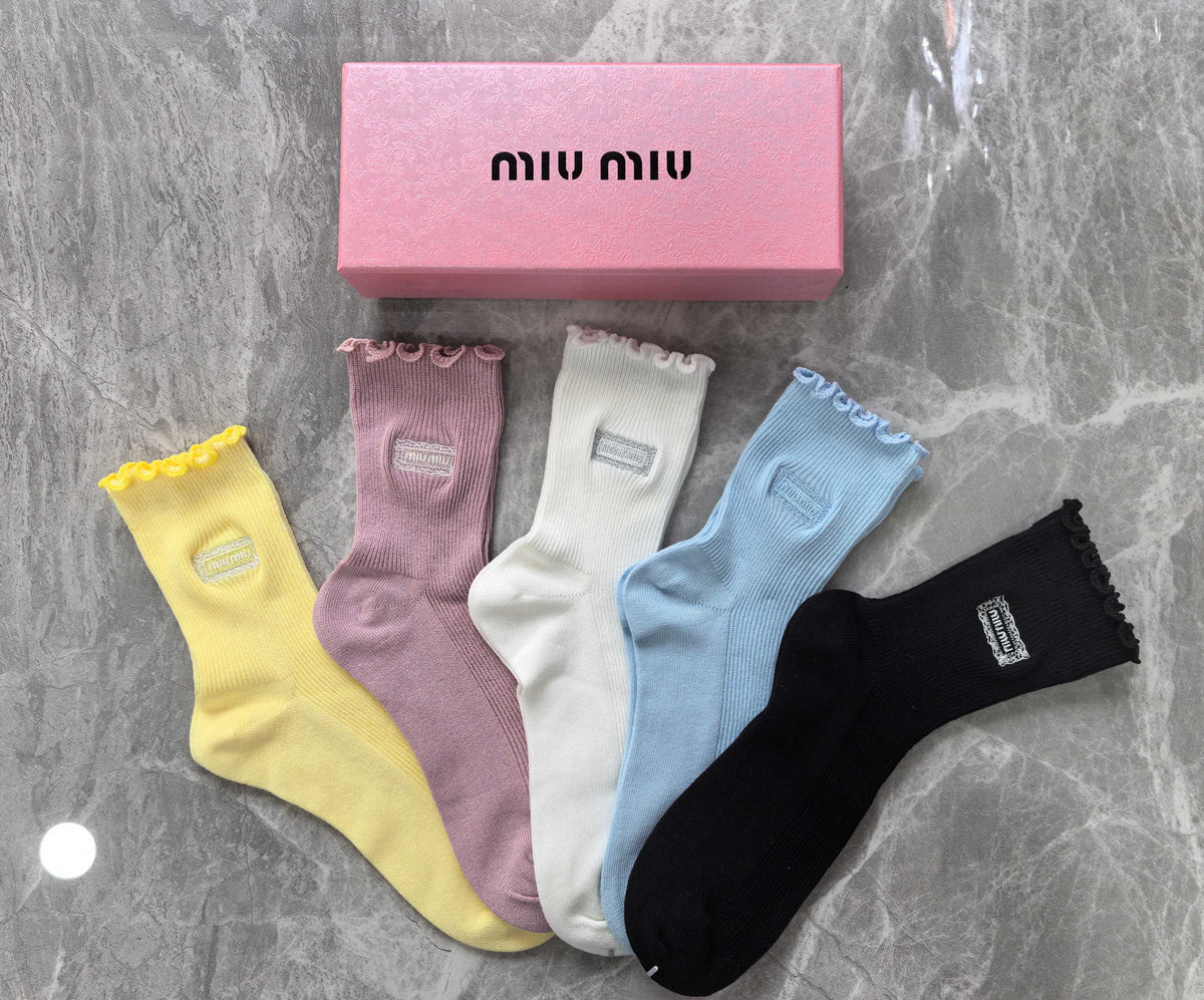 Miu Miu Cotton Visible Colour, Cuff And Emblem Details Crew Socks - 5-Pair Set