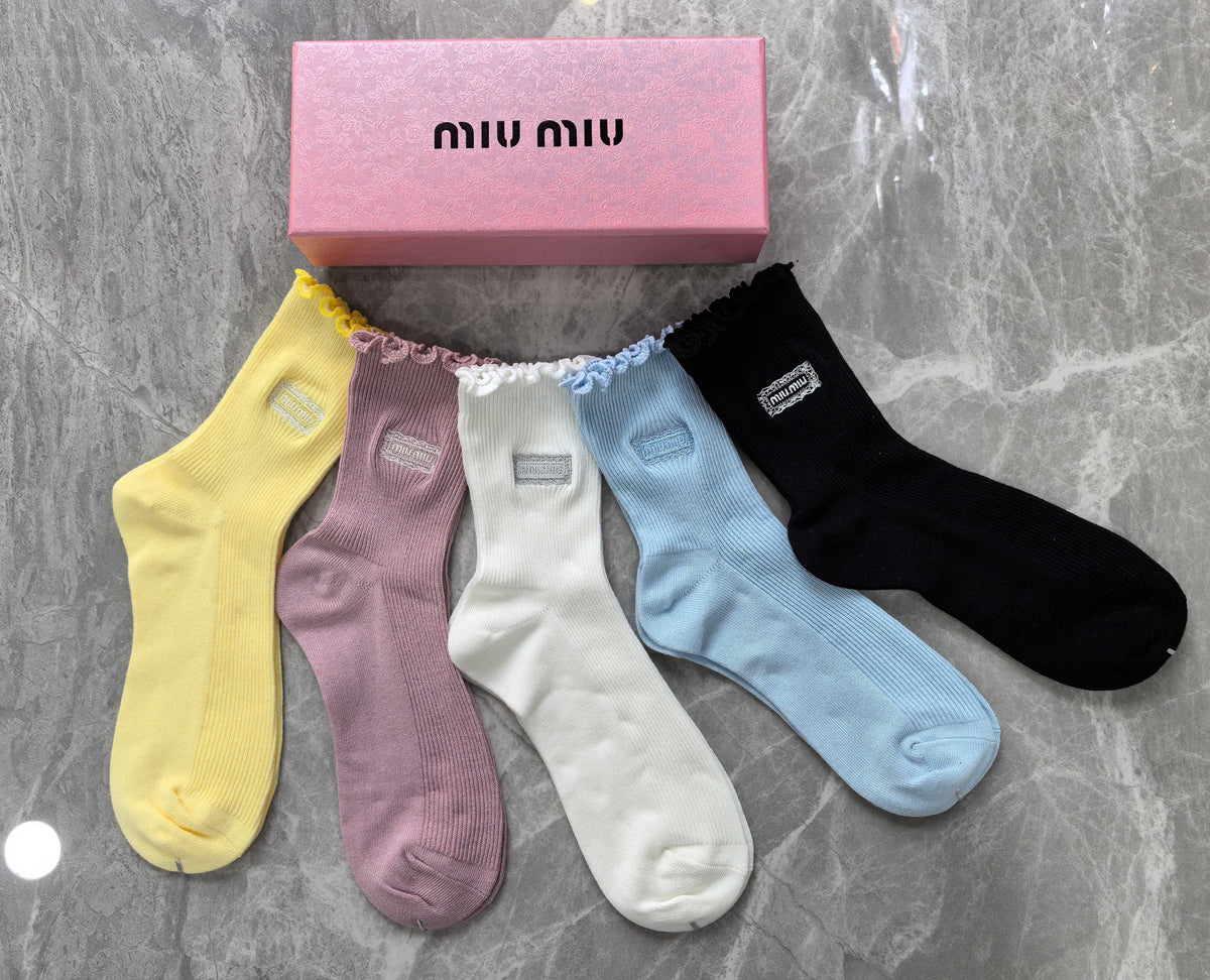 Miu Miu Cotton Visible Colour, Cuff And Emblem Details Crew Socks - 5-Pair Set