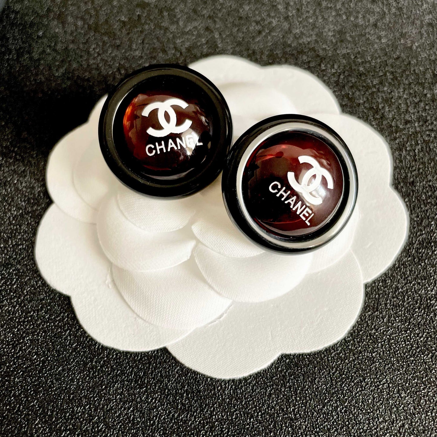 Double-C Emblem Stud Earrings in Polished Metal-Tone – Design 447 front product view