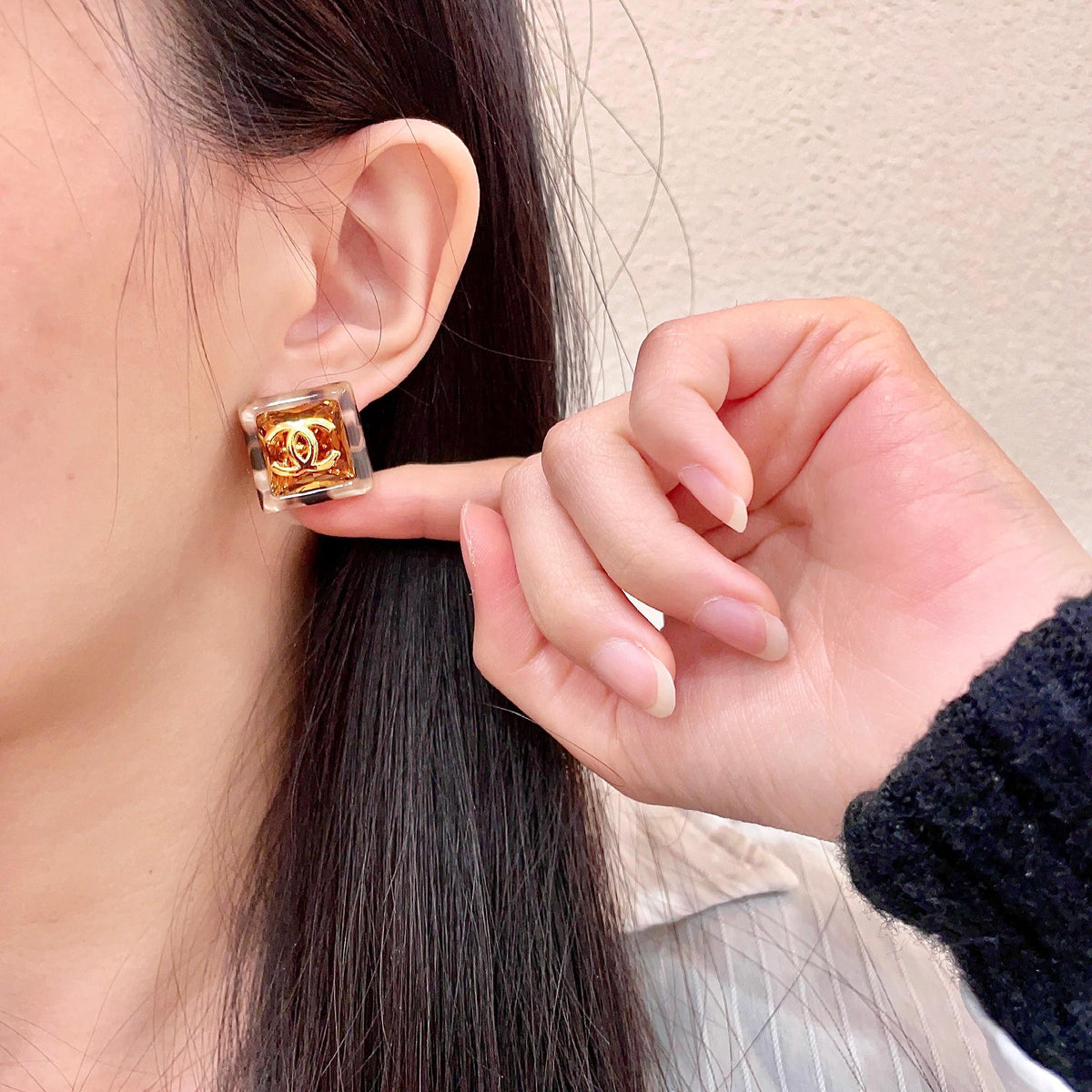 Double-C Emblem Stud Earrings in Polished Metal-Tone – Design 446 front product view