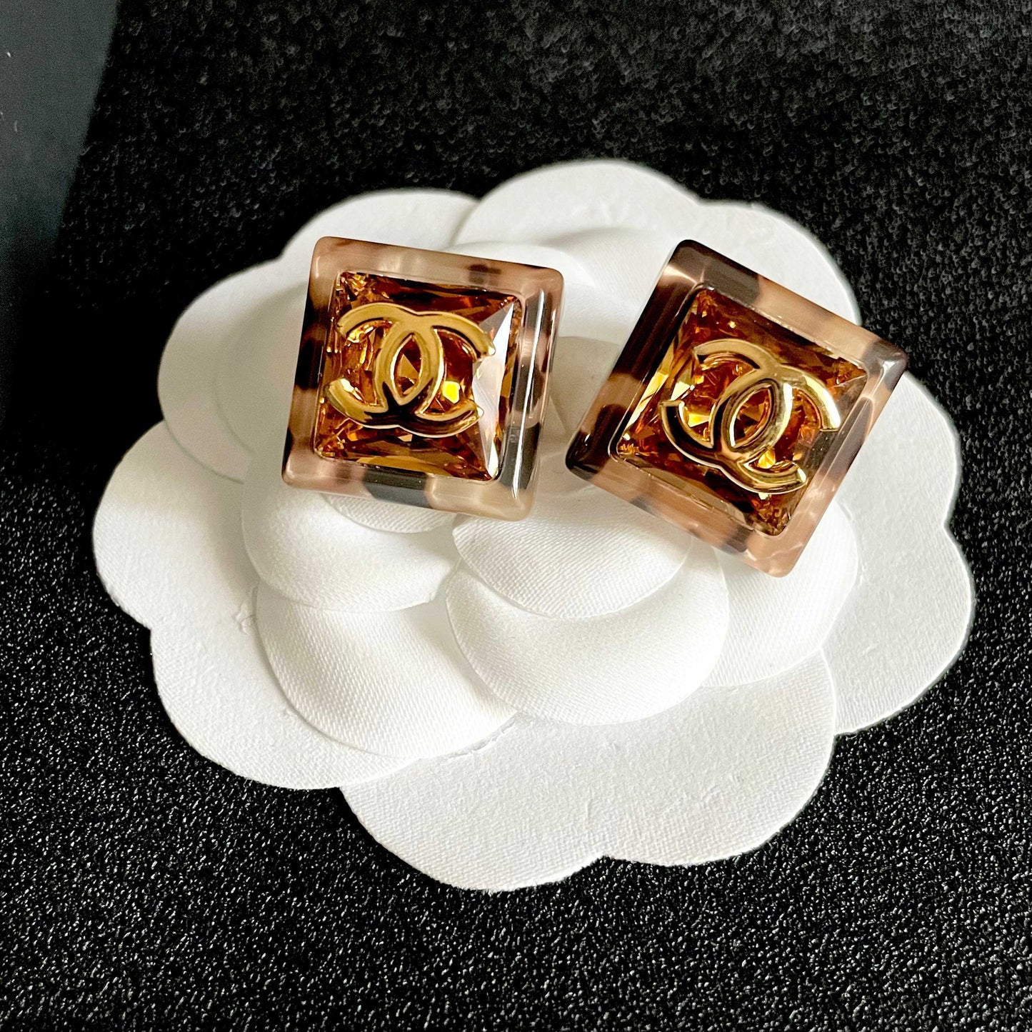Double-C Emblem Stud Earrings in Polished Metal-Tone – Design 446 front product view