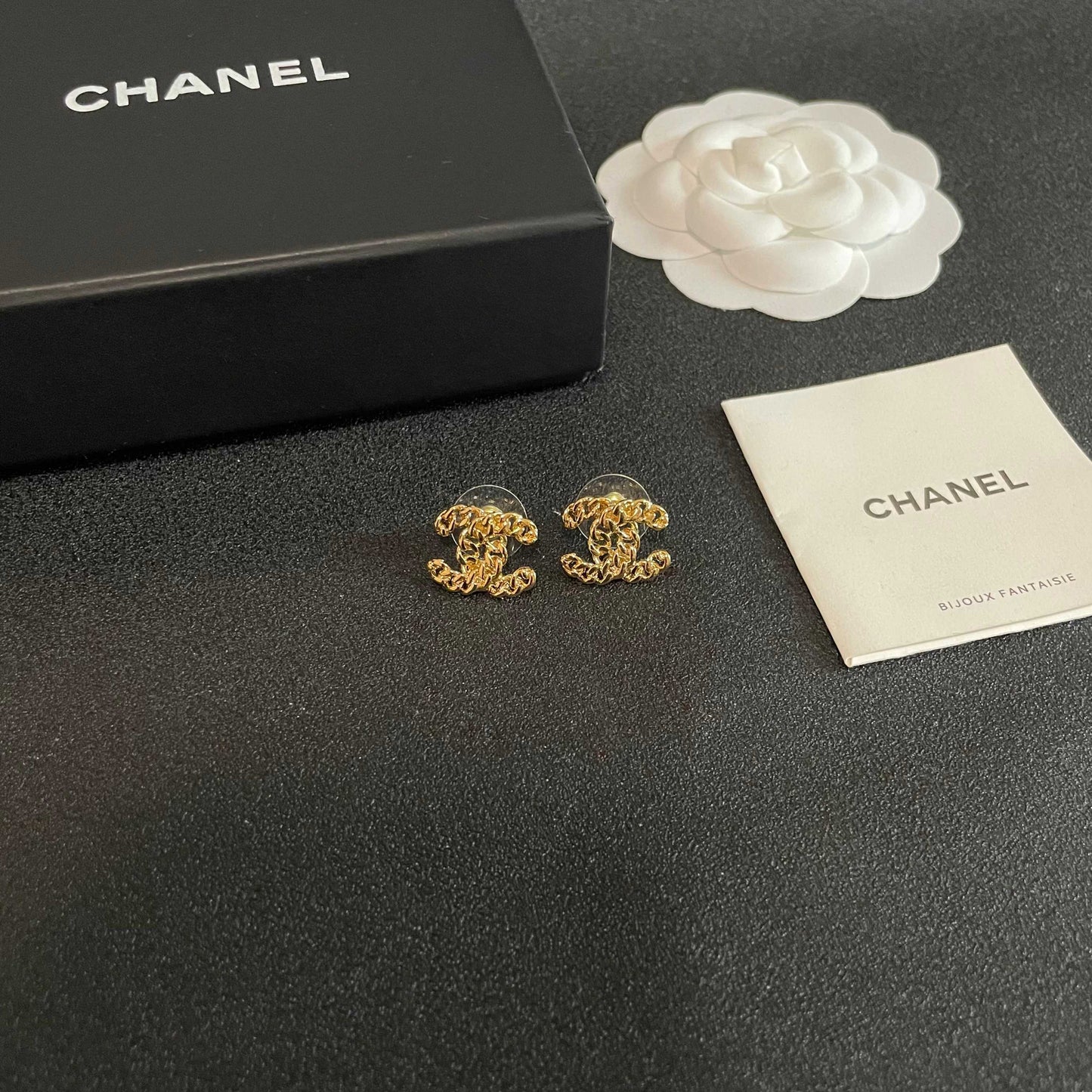 Double-C Emblem Stud Earrings in Polished Metal-Tone – Design 440 styled product view