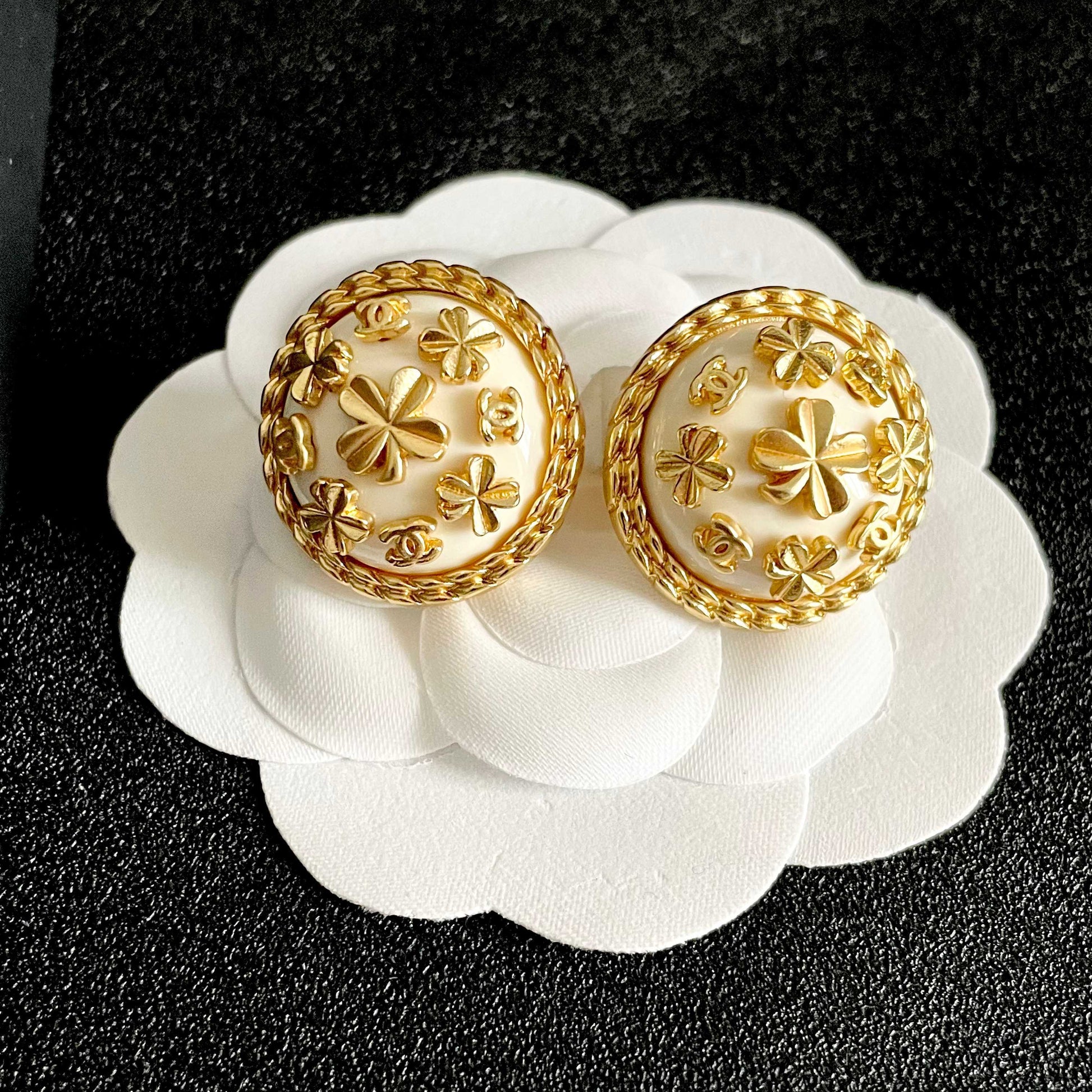 Camellia Stud Earrings in Polished Metal-Tone – Camellia Detail – Design 018 front product view