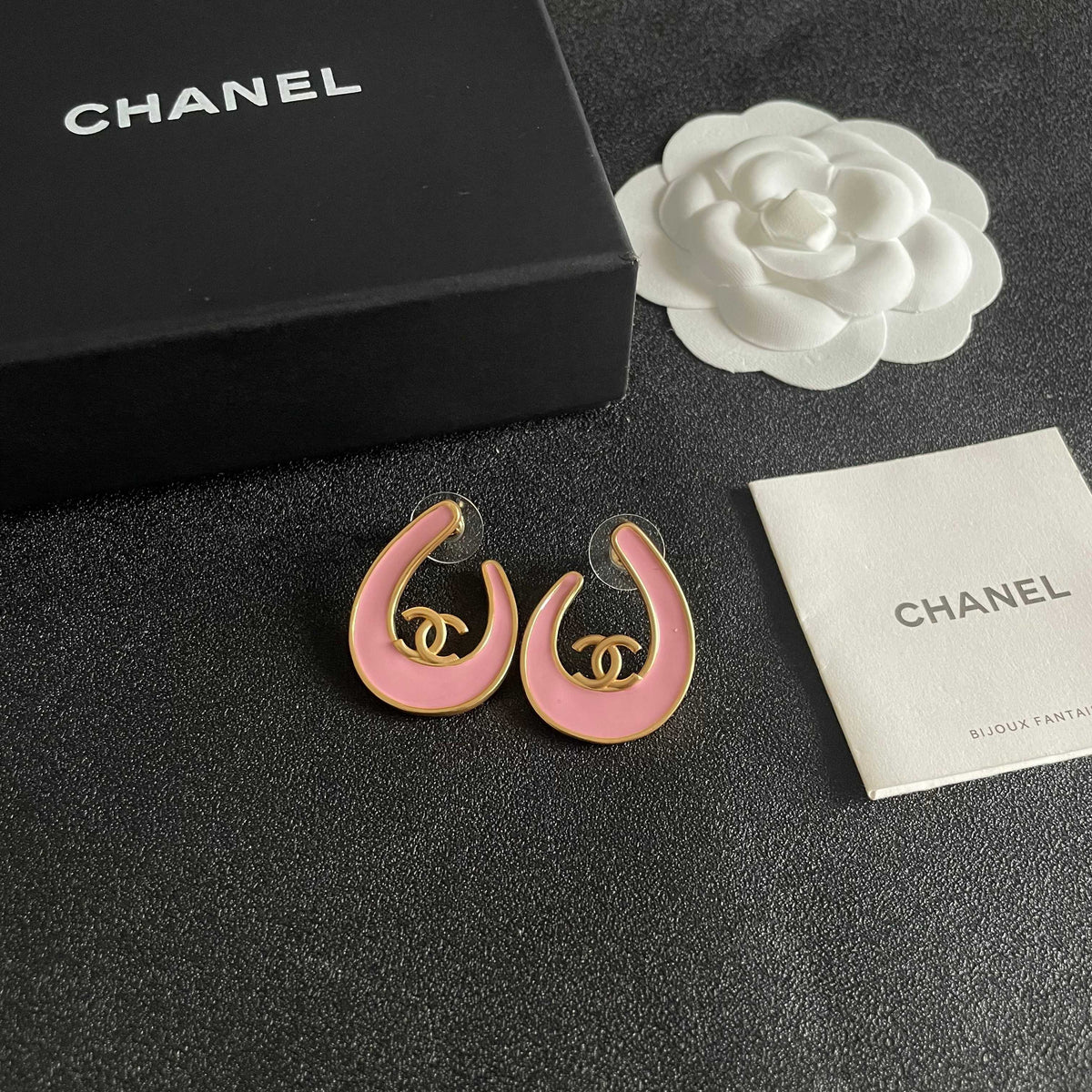 Double-C Emblem Stud Earrings in Polished Metal-Tone – Design 073 styled product view