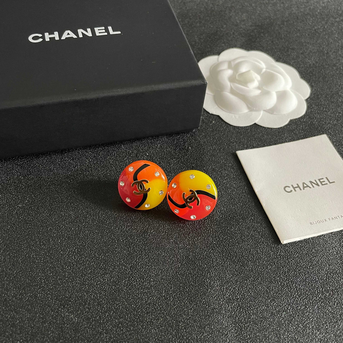 Double-C Emblem Stud Earrings in Polished Metal-Tone – Design 071 styled product view