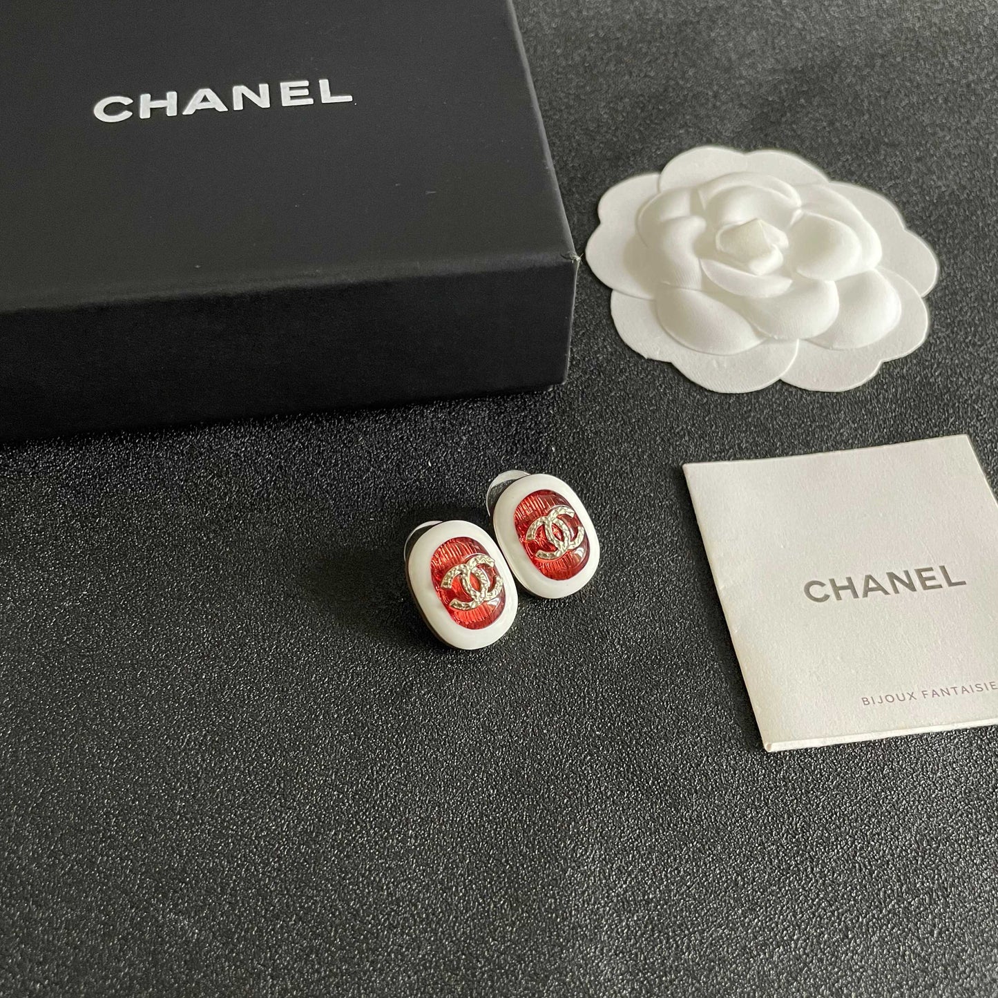 Double-C Emblem Stud Earrings in Polished Metal-Tone – Design 070 styled product view